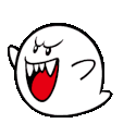 A white ghost character with a red mouth and tongue, cycling through expressions of a menacing grin and a flustered, blushin…
