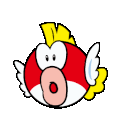 A red cartoon fish with yellow fins and white wings displaying four different shocked and annoyed facial expressions.