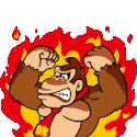 A muscular brown ape flexing its arms with an angry expression, surrounded by a bright red and yellow fire effect.