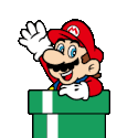 A cartoon plumber with a red hat waving his hand while emerging from a green pipe.