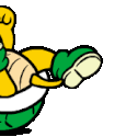 A cartoon turtle character lying on its back and kicking its legs in the air.