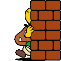 A brown mushroom creature and a yellow turtle creature peek from behind a brown brick wall.