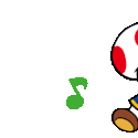 A mushroom character and a ghost play musical instruments while musical notes float in the air.