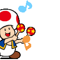 A white and red mushroom character happily shaking yellow maracas with blue musical notes floating around.