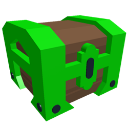 A blocky treasure chest with a brown body and bright green metal trim.