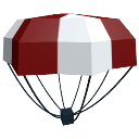 A pixelated red and white parachute canopy with black rigging hanging below.