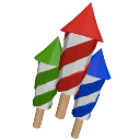 A cluster of red, green, and blue striped fireworks standing upright.