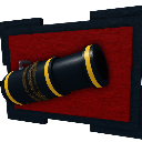 A black and gold cannon mounted on a red rectangular background.