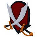 A red shield with two silver swords crossed behind it, featuring gold-colored hilts.