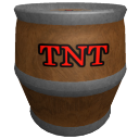 A wooden barrel with metal bands and the red letters TNT printed on the front.