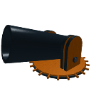 A black cannon mounted on an orange gear base.
