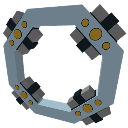 A pixel-art portal with a metallic gray frame and gold accents surrounding a glowing blue center.