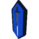 A silver sword centered on a blue shield background in a pixel art style.