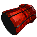 A glowing red mechanical thruster engine component with black accents.