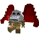 A pixelated skull character with a smug, mischievous expression against a red background.