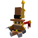 A blocky, voxel-style adventurer character wearing a brown hat and cape, standing in a confident pose.