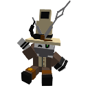 A pixelated adventurer character wearing a wide-brimmed hat and brown outfit.