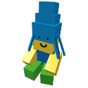 A blocky character with a blue head, yellow torso, and green legs smiling.