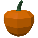 A low-poly, orange pumpkin with a green stem against a black background.