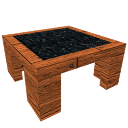 Wooden bench with a black seat rendered in a pixelated style.