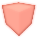A 3D pink cube floating against a red background.