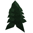 A dark green tree silhouette stands against a black background with a small glowing red light at its base.
