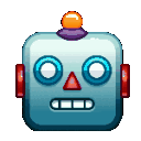 Robot head with a glowing orange antenna shifts through different facial expressions.