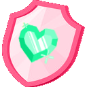 A green heart icon inside a light pink shield with small sparkles.