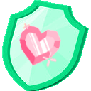 A pink faceted heart centered inside a mint-green shield with small white sparkle icons.