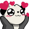 A cute panda bear with large, shiny eyes and pink cheeks, surrounded by floating pink hearts.