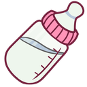 Baby bottle with a pink cap and white liquid inside.