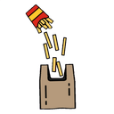 French fries being poured from a red container into a brown paper bag.