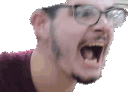 A man wearing glasses makes a series of four increasingly intense, screaming facial expressions.