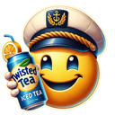 A yellow smiley face wearing a blue captain's hat, holding a blue can of iced tea with an orange slice attached.