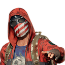 A masked character wearing a red hoodie and American flag mask points their finger forward.
