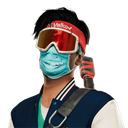 A person wearing a blue varsity jacket, red ski goggles, and a light blue medical mask looking forward with a serious expres…