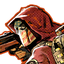 A masked soldier wearing a red hood and tactical gear looking forward with a serious expression.