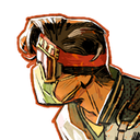 A stylized character wearing goggles and a headband looking to the side with a serious expression.