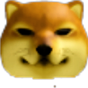 Shiba Inu dog face with a smug, knowing smirk and dark, suspicious eyes.