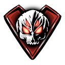 Skull with multiple glowing red eyes centered inside a dark red heart shape.