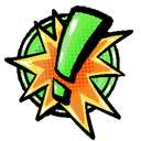 An exclamation mark centered inside a bright orange and yellow comic-style explosion on a green circular background.