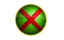 A glossy green sphere featuring a bold red cross symbol centered on its surface.