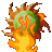 Green orb surrounded by bright orange and yellow pixelated flames.