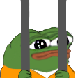 A green frog with teary eyes looking through gray prison bars while wearing an orange jumpsuit.