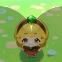 A chibi girl with yellow hair and a green gem on her head looking upward with wide, sparkling eyes.