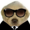A golden dog wearing black sunglasses and a formal suit with a tie.
