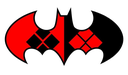 A bat silhouette split vertically between red and black, featuring a diamond pattern on both sides.