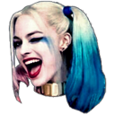 Harley Quinn winking with one eye while laughing with a wide open mouth.