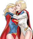 Supergirl and Power Girl smiling while embracing each other in a friendly hug.