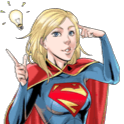A blonde superheroine in a blue suit and red cape pointing at a glowing yellow lightbulb above her head.